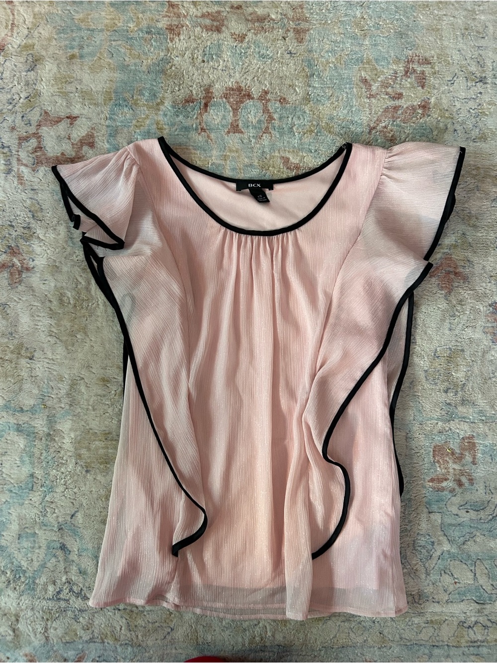 BCX Macy’s Light Pink Shimmer Flutter Sleeve Blouse with Black Trim